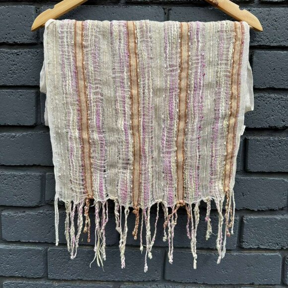 Scarf Boucle Slub Yarn Striped Metallic Accent Thread Gold Shawl Wrap Fringe 68" - Picture 1 of 6